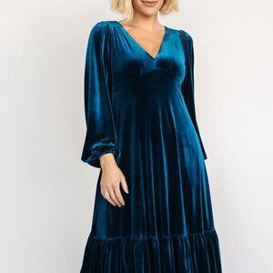 V-Neck Long Sleeve Midi Velvet Dress